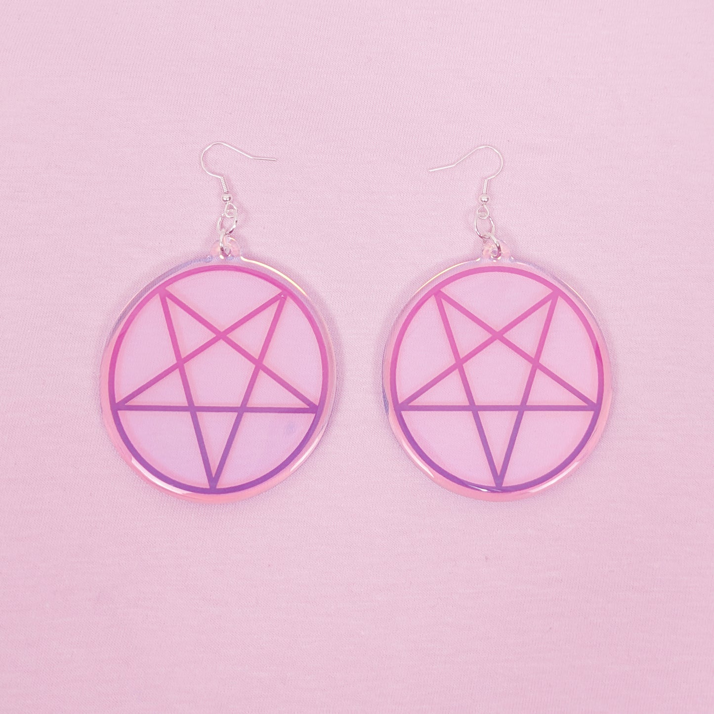 Iridescent Pink And Purple Inverted Pentagram 2.5 Inch Earrings