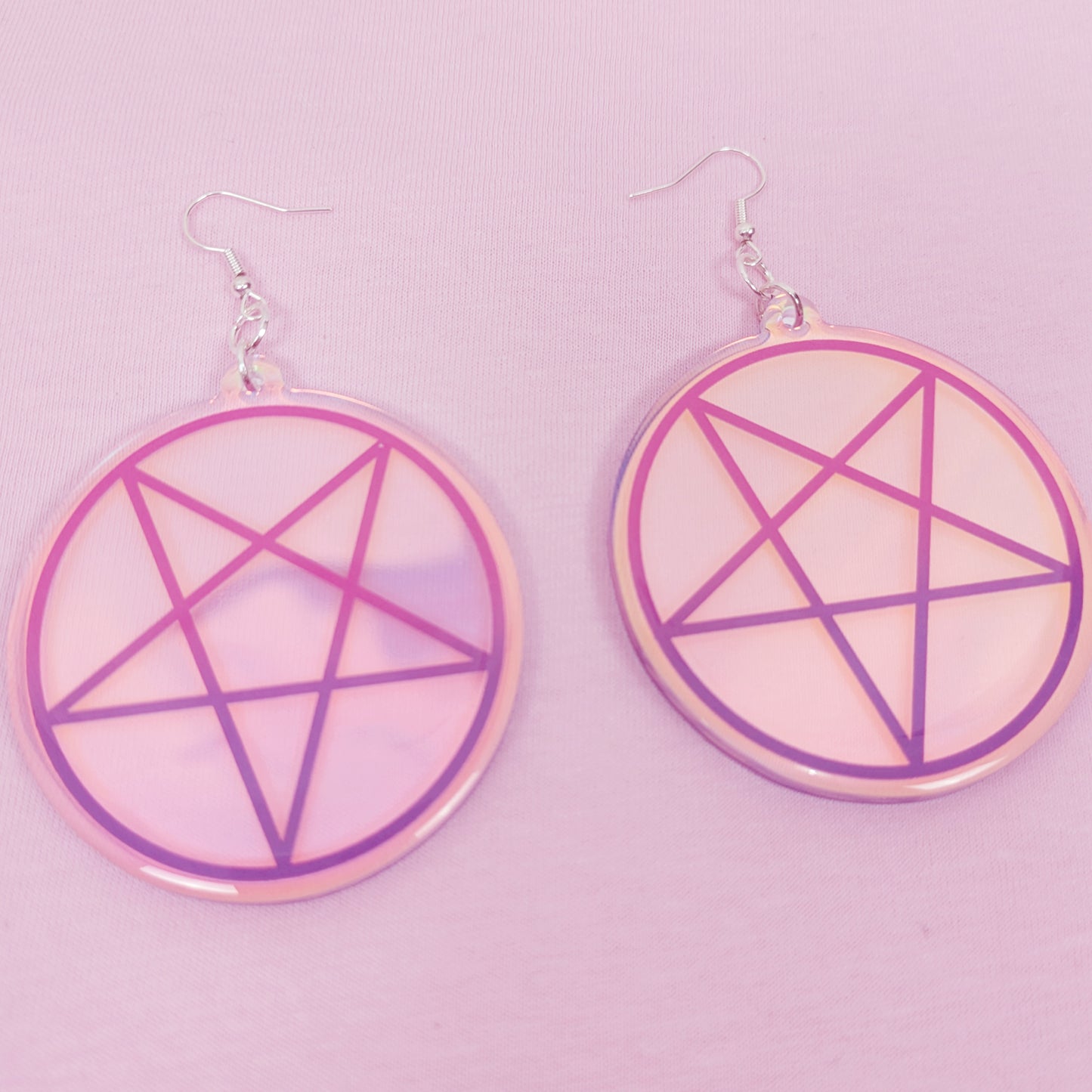 Iridescent Pink And Purple Inverted Pentagram 2.5 Inch Earrings