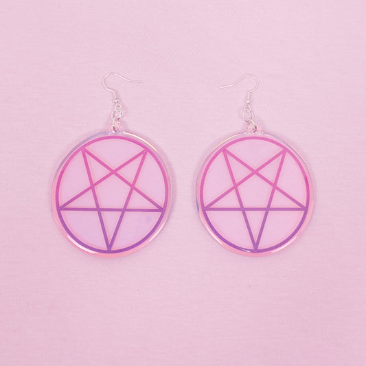 Iridescent Pink And Purple Inverted Pentagram 2.5 Inch Earrings