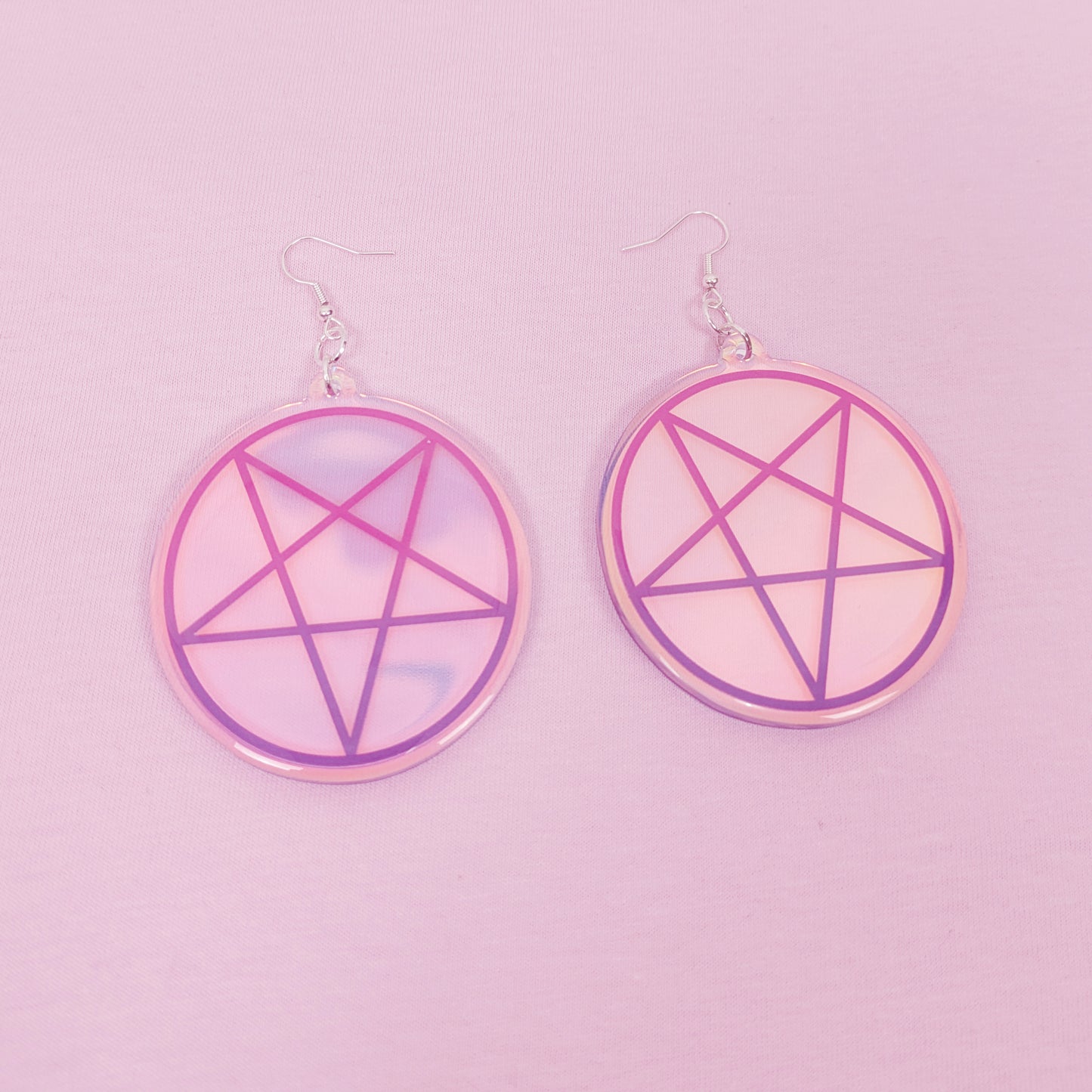 Iridescent Pink And Purple Inverted Pentagram 2.5 Inch Earrings